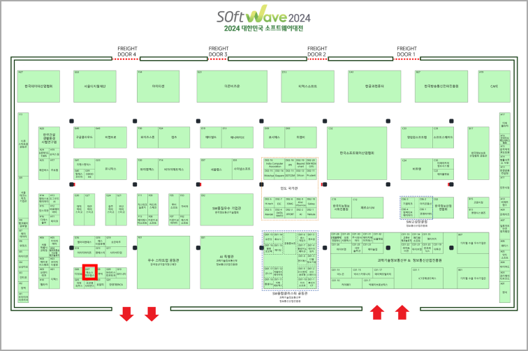 소프트웨어대전 2024 참가기업 부스 배치도 이미지이며, 엑소스피어는 코엑스 A홀 G07에 위치해 있습니다